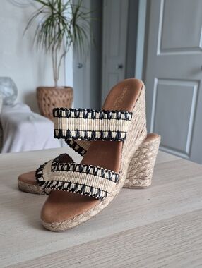 Andre Assous Natural Raffia Double-Strap Wedge Sandals with Black Trim, Size 36